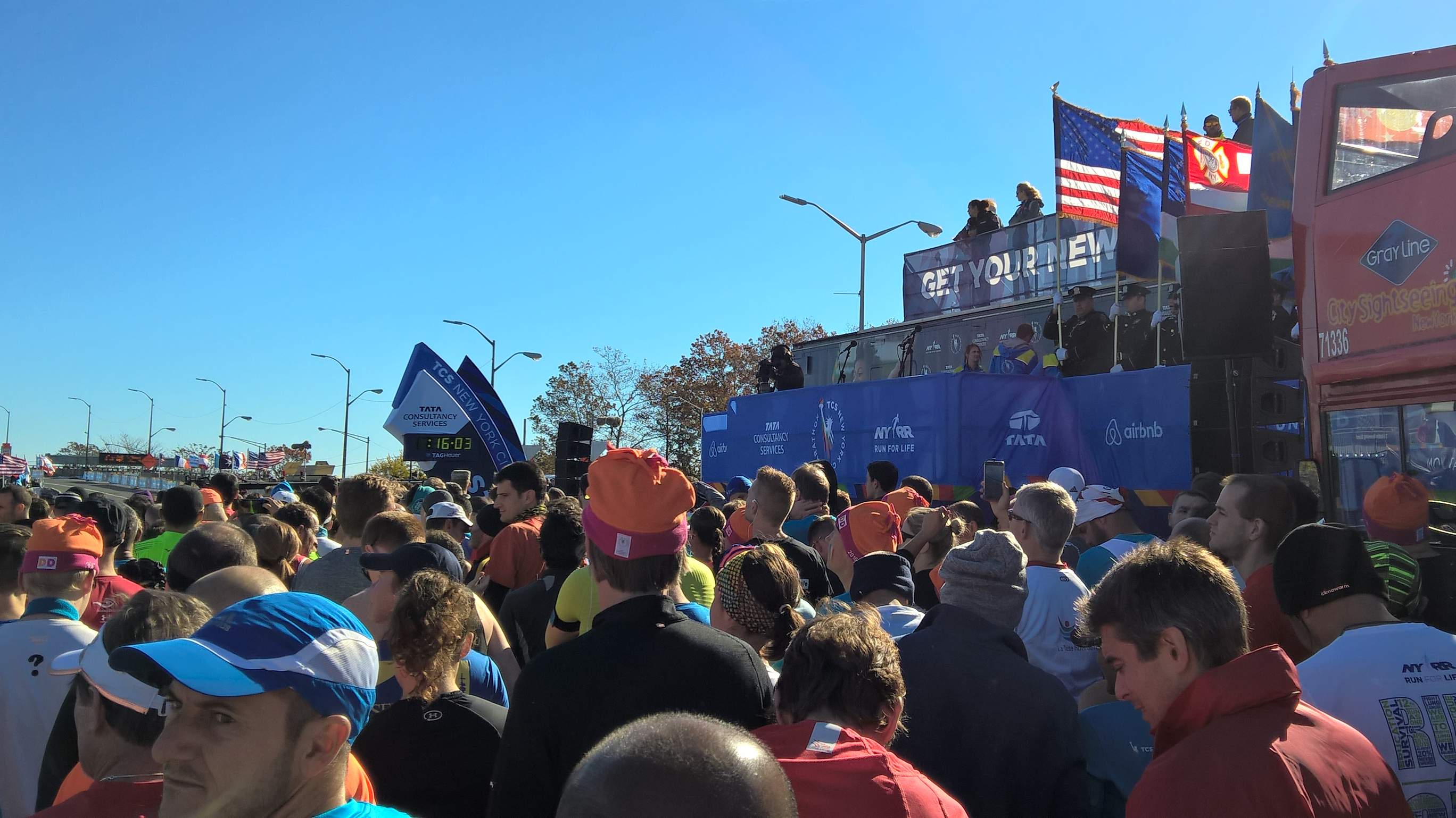 The national anthem about to be sung at the Wave 2A start of the 2016 New York City Marathon.