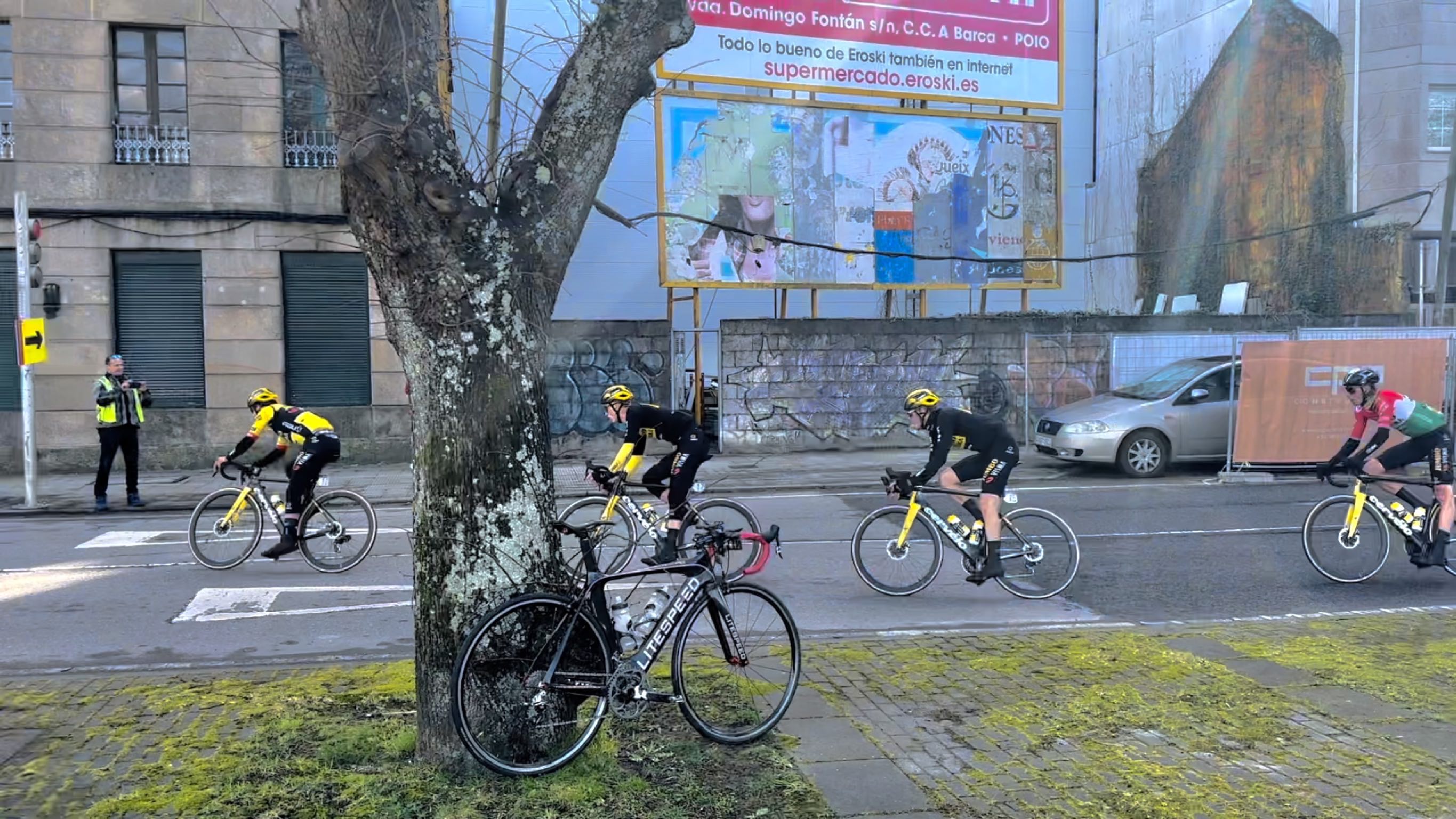 Jonas Vingegaard (left) and Jumbo Visma teammates Lars Boven, Rohan Dennis, and Attila Valter passing by my Litespeed Archon C2 in Pontevedra during Stage 2 of O Gran Camiño.