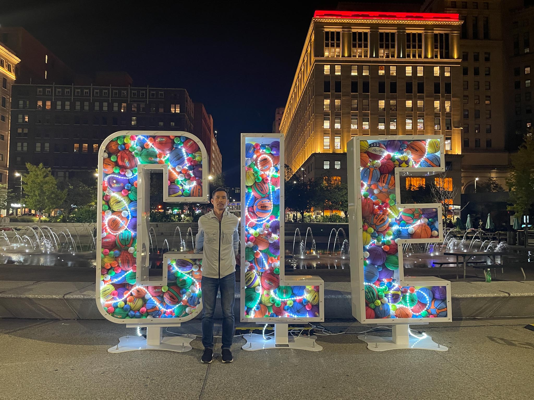 Felix in front of CLE letters in downtown Cleveland.