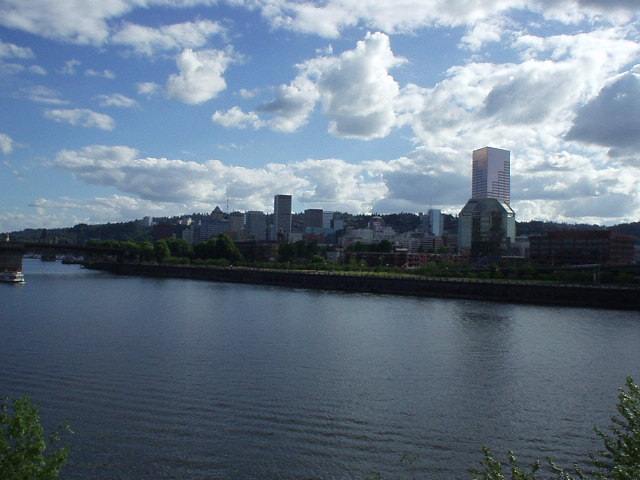 The westerly view of the Portland skyline.  There are some skyrises in downtown; Mike works in the tall one on the right.
