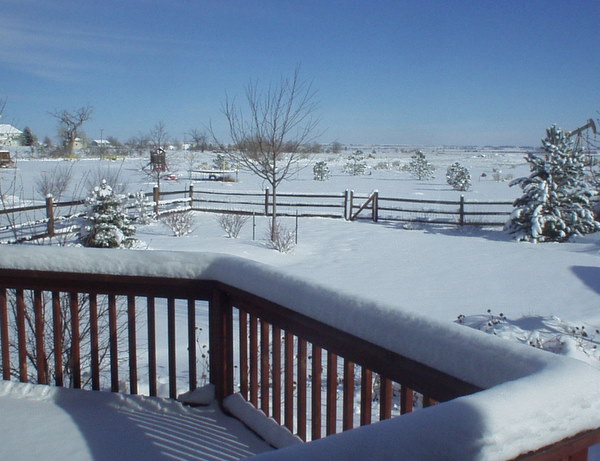 snow on deck rails and yard surrounded by low wooden fence