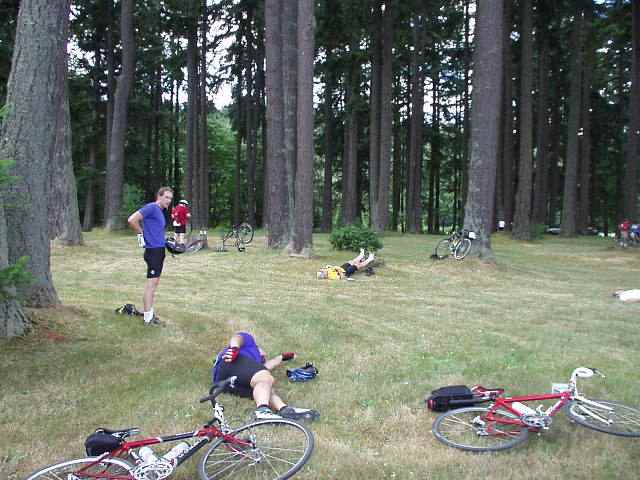 [Day 1, Mile 87, 1:32 p.m.] This was another great STP mini-stop, in Tenino.  We stayed here a long time, taking a nap among the trees.