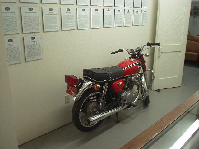 A beautiful Honda CB350 from the 1970s -- my favorite bike in the entire museum.  Beautiful, classic lines.