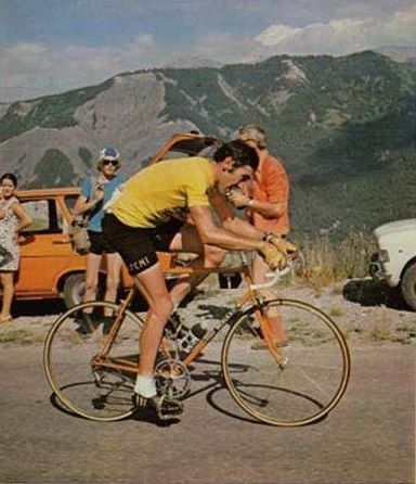 Eddy Merckx on his eponymous lugged steel bike in the 1974 Tour de France.