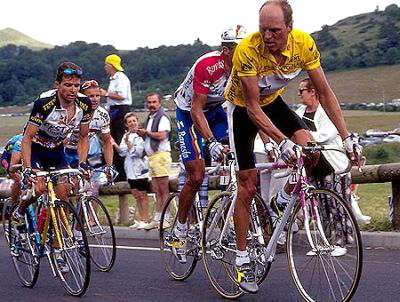 Bjarne Riis on his Pinarello in the 1996 Tour de France, which he won.