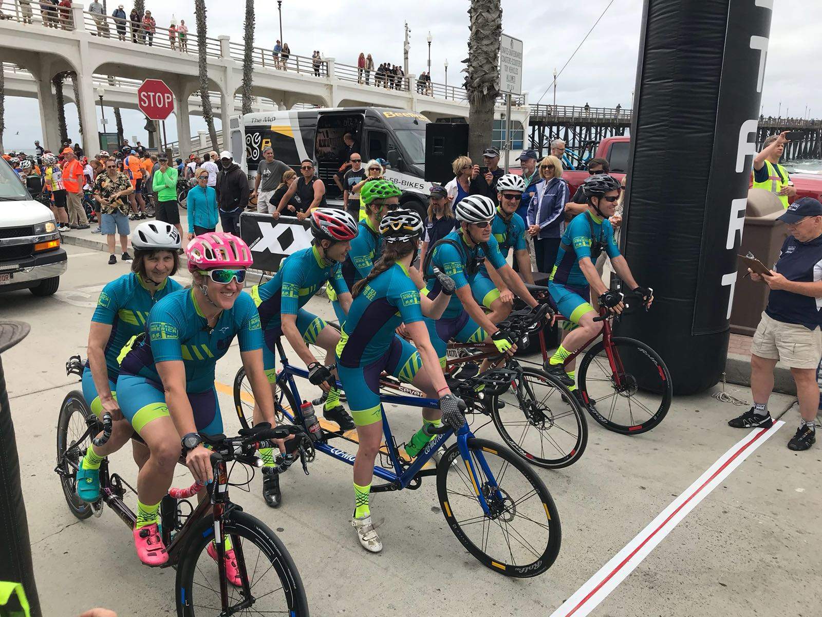 Team Sea to See's four tandems on the start line at the Race Across America in Oceanside, California.