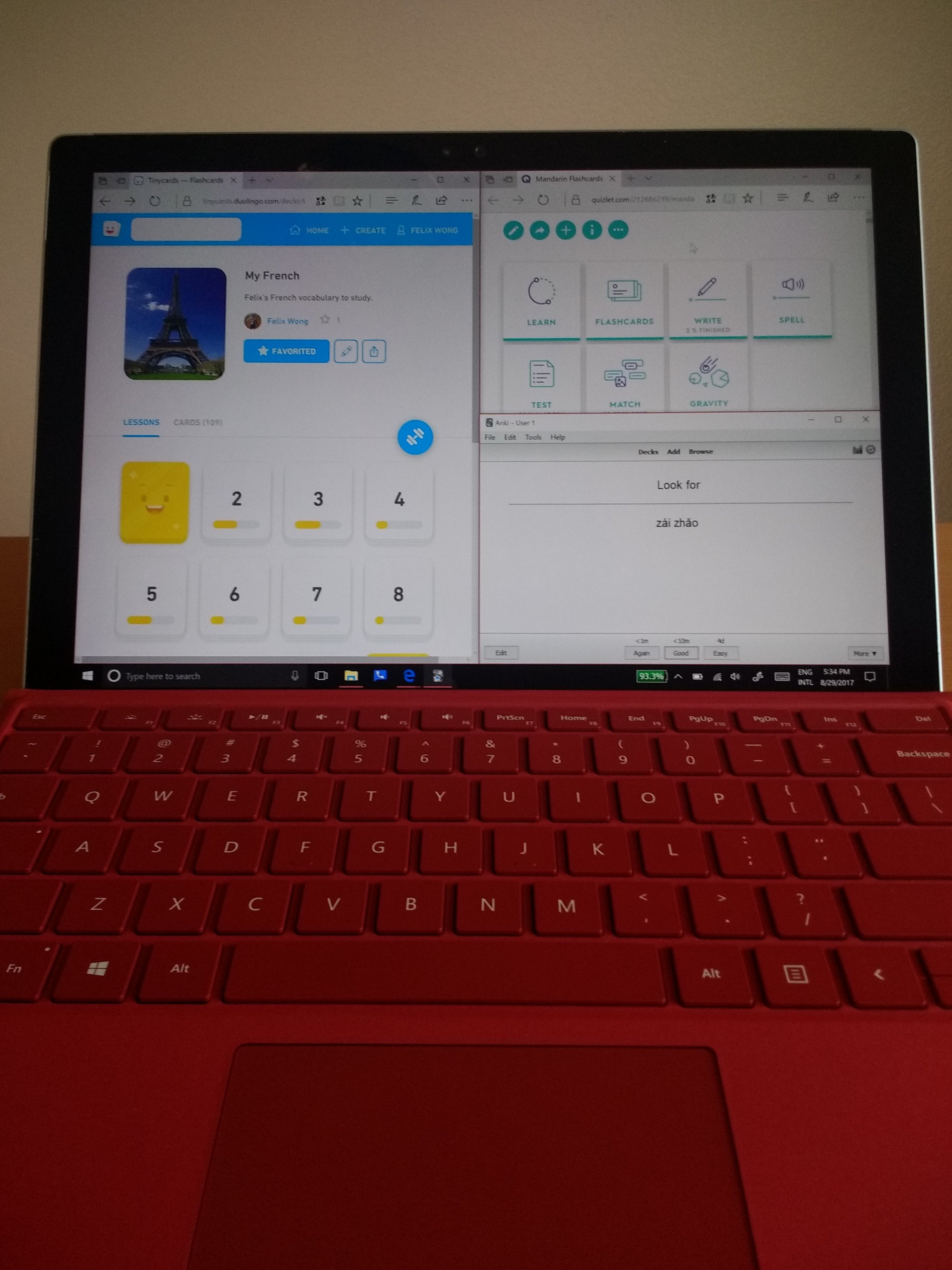 Tinycards, Quizlet, Anki on red Surface Pro 4