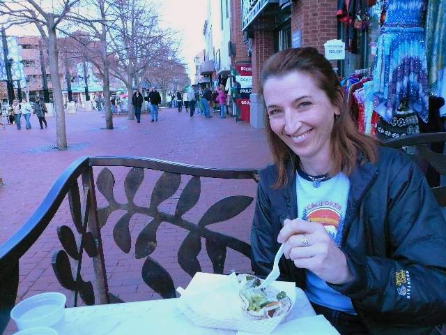 On the way back from the Denver International Airport, we stopped in Boulder for lunch.  Here's Tori enjoying a falafel from Falafel King.