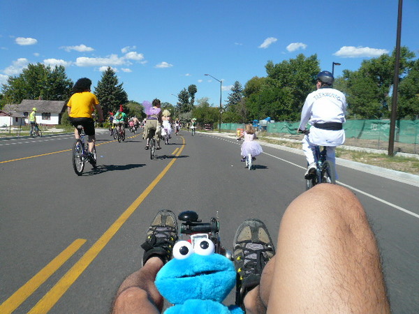 Riding behind Leah, Faith and Tim on my Cookie Monster machine in the Tour de Fat.