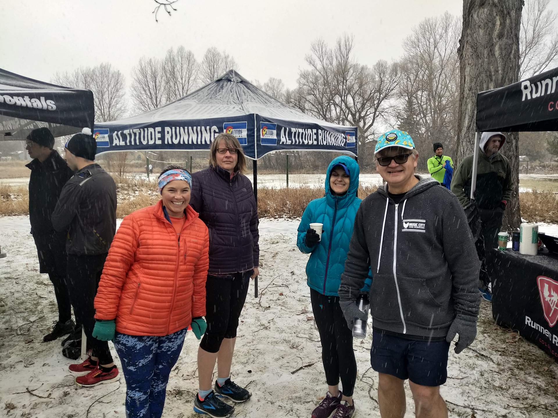 Katie, Christina, Mel, and Tom at the 2018 Turkey Donut Predict Run at Rolland Moore Park in Fort Collins.