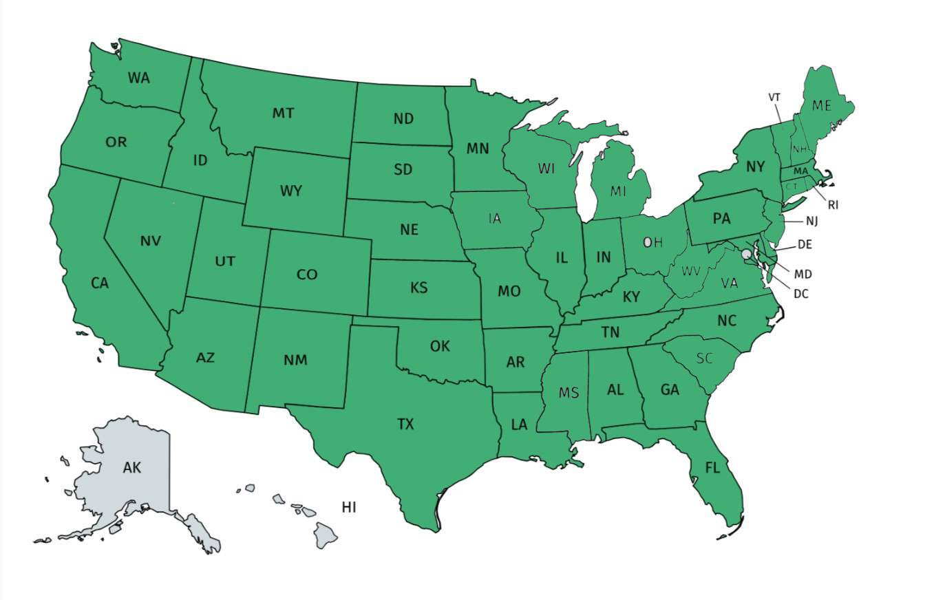 The U.S. states that Felix Wong has visited (in green).