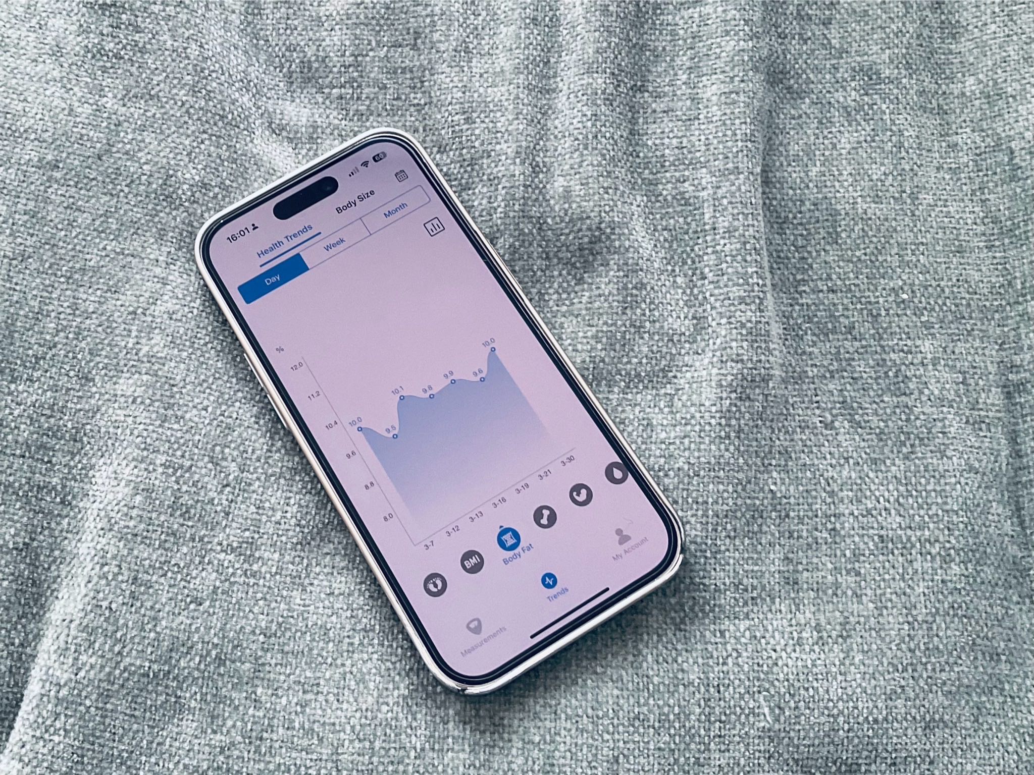 The Vitafit app displaying body fat percentage on an iPhone 14 Pro.