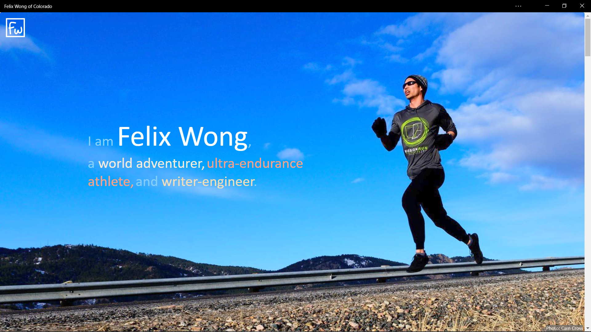 home page of felixwong.com showing Felix Wong running and says I am Felix Wong, a world adventurer, ultra-endurance athlete and writer-engineer