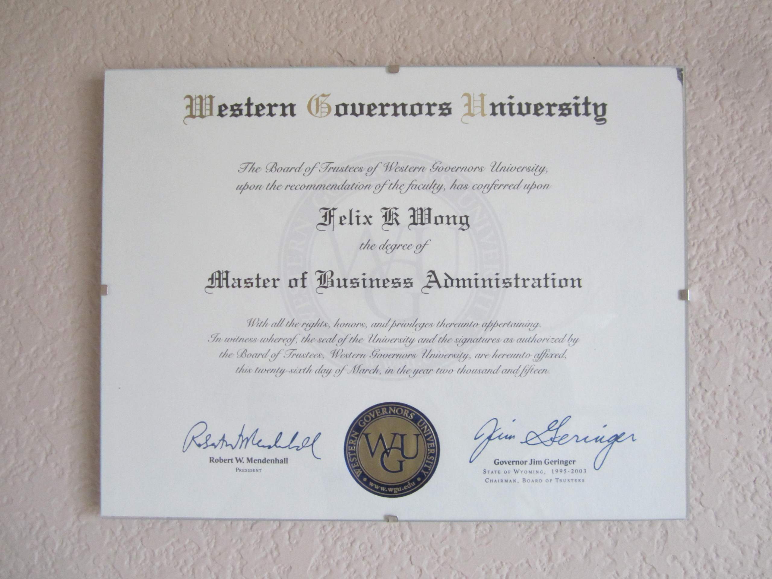 Master of Business Administration, MBA, Western Governors University, Felix Wong, diploma