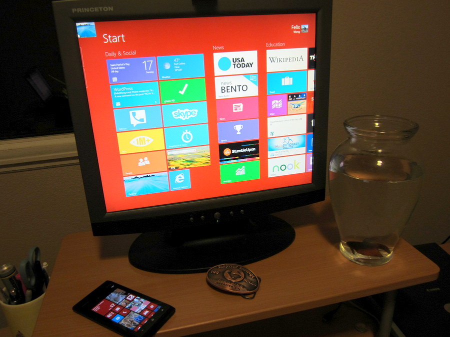 My Windows 8 PC (HP workstation) and Windows Phone (Nokia Lumia 900).