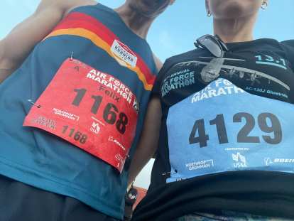 Felix and Andrea's bib numbers before the 7:30 start of the Air Force Marathon and half marathon.