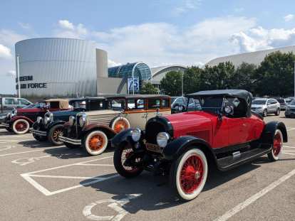 Marmon cars and a Roosevelt (the beige car second from the right) at the Air Force Museum.
