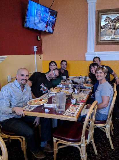 Manuel, E, Vicky, Antxon, Felix, Angela, and Mel at dinner at restaurant Pueblo Viejo on the Cinco de Mayo.