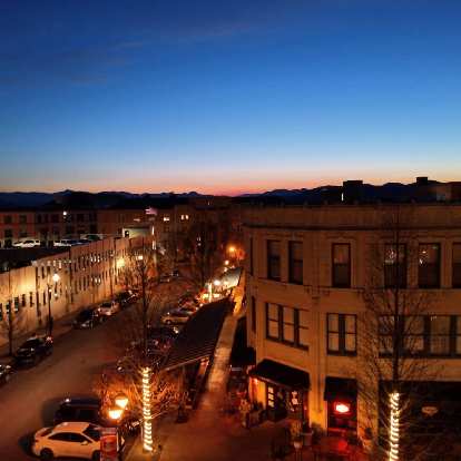 Downtown Asheville at sunset.