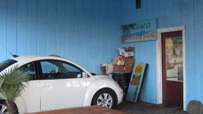 white Volkswagen New Beetle, Chowder and Coffee House, Astoria, Oregon