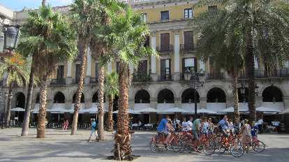 A cycle tour group congregating in a plaza not far from La Rambla. A cycle tour group congregating in a plaza not far from La Rambla.