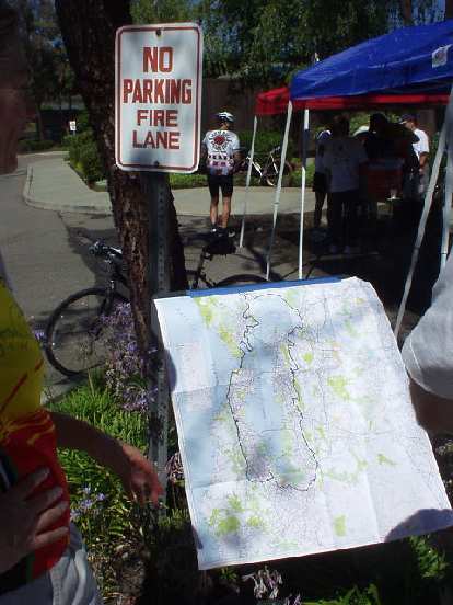 [Mile 73, 10:41 a.m.] At Rest Stop #3, several cyclists inspect a map of the route we would follow today.  It does put the distance into perspective a bit, as in "this is nuts!"