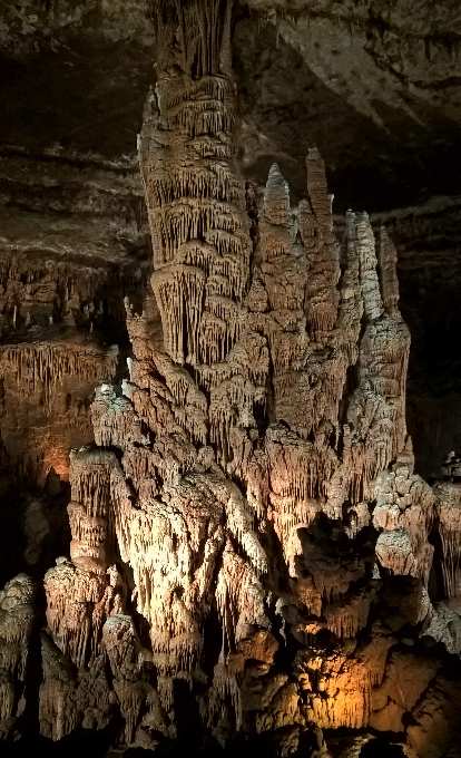 Where stalactites and stalagmites meet inside the Blanchard Springs Caverns.