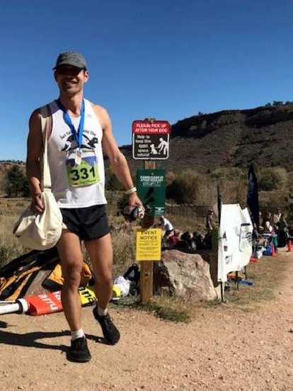 Felix Wong is all smiles at the finish of the 2018 Blue Sky Trail Marathon. Photo: Mel Sirois. Felix Wong is all smiles at the finish of the 2018 Blue Sky Trail Marathon.