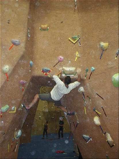 This was the Bouldering Competition "Wind", the 2nd of a 4-part bouldering series at City Beach. Here's Eric trying one of the intermediate problems above a passageway. This was the Bouldering Competition "Wind", the 2nd of a 4-part bouldering series at City Beach. Here's Eric trying one of the intermediate problems above a passageway.