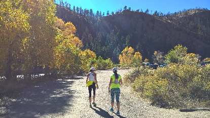 Connie and daughter Marissa walking back to Picnic Park, the post-race staging area of the 2016 Cache La Poudre Marathon.