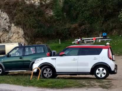A white second-generation Kia Soul wiht a red roof in Fisterra, Spain. (13 Oct 2017) A white second-generation Kia Soul wiht a red roof in Fisterra, Spain.