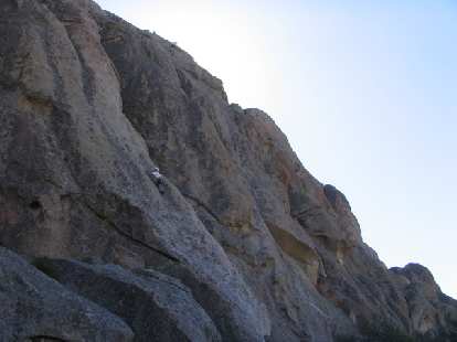 Felix Wong leading a 200-foot climb called "Delay of Game" on the west face of Parking Lot Rock.