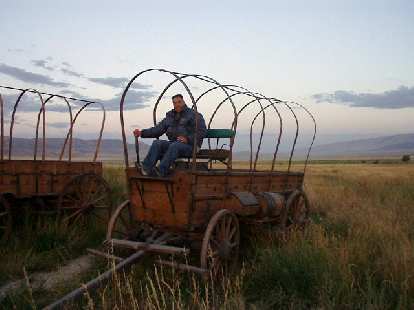 Chris on an old wagon.