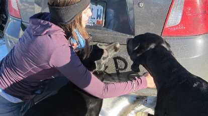 Diana writing a note for Jordan on the bumper with Danny and Oso trying to help. Diana writing a note for Jordan on the bumper with Danny and Oso trying to help.