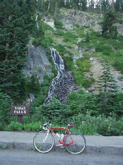 I had a couple of hours at Crater Lake before it got dark, so I went for a 14-mile bike ride.  Here's Canny in front of Vidae Falls.
