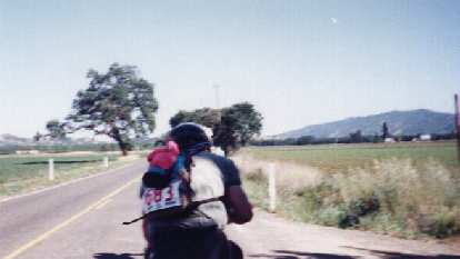 Following a cyclist within a paceline on flatlands near the end of the 1999 Davis Double Century.