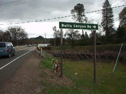 Mile 106, 2:51 p.m.: Another sign! Butts Canyon Rd., part of what I called the "Big Butts" area. Mile 106, 2:51 p.m.: Another sign! Butts Canyon Rd., part of what I called the "Big Butts" area.