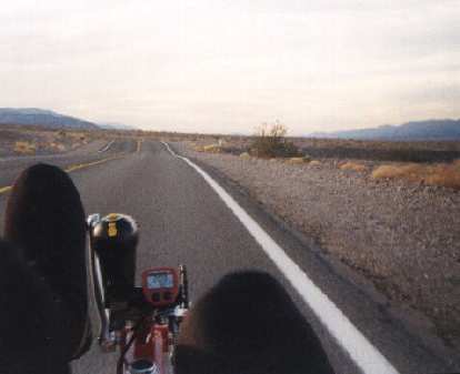 Riding a Reynolds Wishbone recumbent bicycle at speed during the 2000 Death Valley Double Century. riding a recumbent bicycle, 2000 Death Valley Double Century