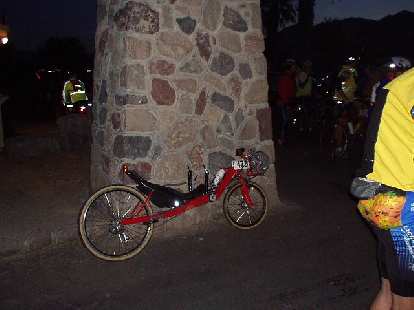 Mile 0, 5:45 a.m.: My racy recumbent patiently awaiting a 6:00 a.m. mass start of ~180 cyclists at the Furnace Creek Ranch for this 200-mile ride.