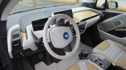The interior of the BMW i3 used lots of recycled plastics, leather, and bamboo.
