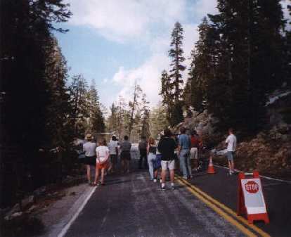 road closed, Yosemite, Highway 120, people standing around