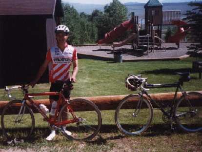 Felix Wong, second checkpoint, 1998 Eastern Sierra Double Century, Stanford jersey, bicycles