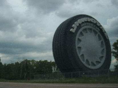 Driving by a giant Uniroyal tire in Detroit, Michigan before entering Canada.