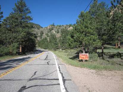 "Thank you firefighters" sign in the Poudre Canyon.