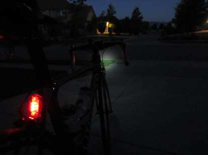 [Mile 0, 5:07 a.m.] Leaving my house at dusk on the Super Bike.