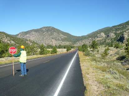 [Mile 50, 9:33 a.m.] Road construction in the Poudre Canyon required me to stop for a dozen minutes.