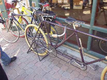 A vintage tandem with my mountain and commuter bikes behind it.
