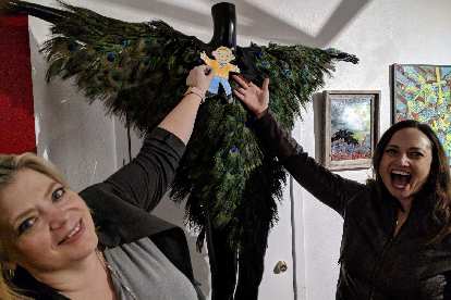 Tracy, Flat Stanley, and Raquel with a peacock dress inside The Artery. (01 Mar 2019) Tracy, Flat Stanley, and Raquel with a peacock dress inside The Artery.