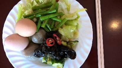 Breakfast at Chinese hotels was always a buffet of cooked foods, including the meat, vegetables and eggs shown here.