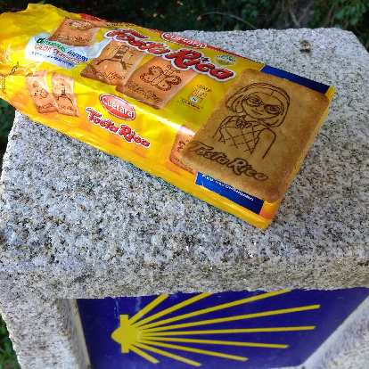 Tosta Rica biscuits with a Camino de Santiago kilometer marker. (12 Oct 2017) Tosta Rica biscuits with a Camino de Santiago kilometer marker.